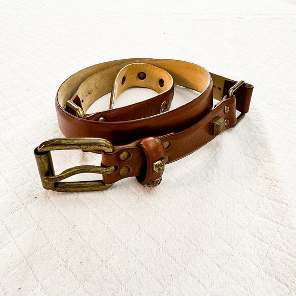Worth Italian Leather Studded Belt Brown Buckle Accents Size L - Picture 4 of 5